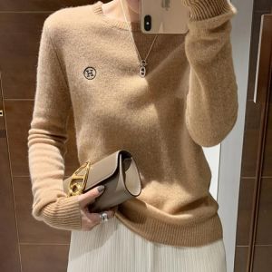 New H letter embroidered cardigan women's round neck loose versatile sweater classic bottomed cashmere sweater outer top
