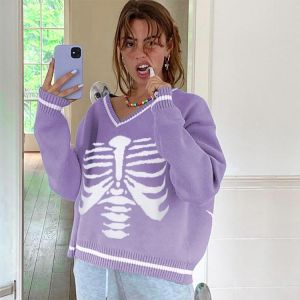 2021 Fall/Winter Collection Women Clothing Y2K Style Halloween Bones Pattern V-Neck Drop Shoulder Sweater