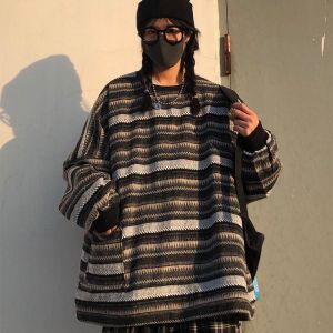 Women Striped Knit Sweater Oversize Ulzzang BF Unisex Couples Hip Hop Pullovers Tops Long Sleeve Autumn Winter Japanese Jumper