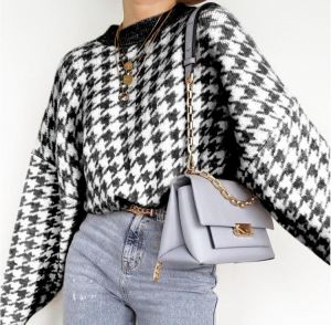 Women Casual Houndstooth Lady Pullover Sweater Female 2021 Autumn Winter Retro Jumper Women Geometric Blue Knitted Sweater Femme