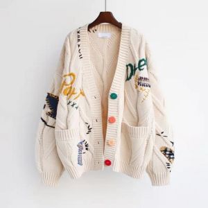 2021 Autumn Winter Women Cardigan Warm Knitted Sweater Jacket Pocket Embroidery Fashion Knit Cardigans Coat Lady Loose Sweaters