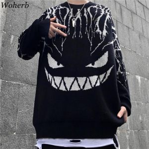 Woherb Harajuku Black Sweater Women Men Lightning Devil Knitted Jumper Oversize Pullover Hip Hop Streetwear 2021 Autumn Sweaters