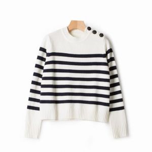 Women Black White Srtipes Knit Sweater 2021 Autumn Winter Long Sleeve Ladies Pullover Top Shoulder With Buttons Knitwear Jumper