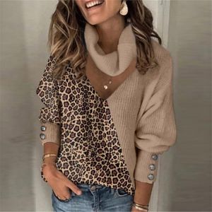 Woman Sweaters Knitted Leopard Patchwork Turtleneck Sweaters Pullover Jumpers Button Long Lantern Sleeve Loose Women Sweaters