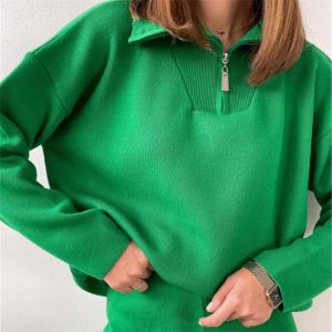 Green Women's Zip Sweaters Long Sleeve V Neck Casual Solid Oversized Pullovers Sweater Women Jumper Knitted Winter Tops 2021
