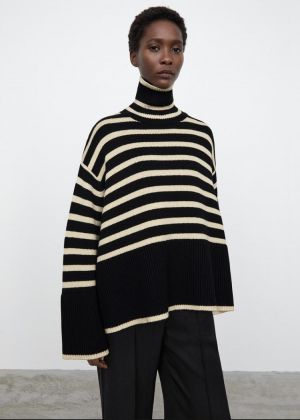 Totem* wool cotton women sweater winter autumn season turtle-neck straped style casual loose oversize short sleeve version