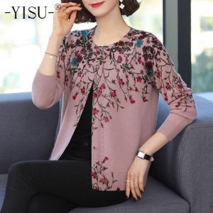 YISU Fashion Printed Cardigan O-Neck Long sleeve Coat  Autumn Winter High Quality  Sweater Loose Knitted Floral cardigan Women