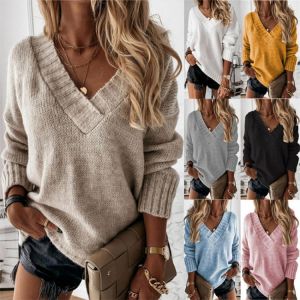 Women V Neck Sweater Autumn Winter Casual Oversize Solid Long Sleeve Knitted Top Pullover Lady Elegant Loose Thick Warm Sweaters