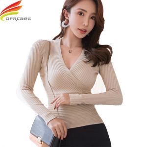 2020 New Sexy Deep V Neck Sweater Women's Pullover Casual Slim Bottoming Sweaters Female Elastic Cotton Long Sleeve Tops Femm