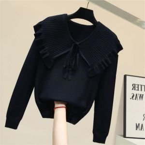 New Peter Pan Collar Knitted Pullovers Woman 2021 Long Sleeve Solid Soft Fall Sweater Lace Up Elegant Office Lady Jumpers