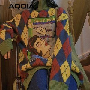 Y2K Harajuku Turtleneck Knit Female Pullover Argyle Oversize Warm Women's Long Sweater 2021 Winter Appliques Loose Thick Swea