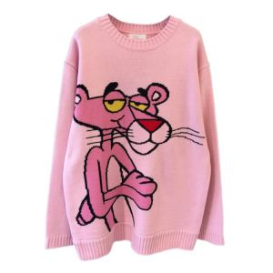 Spring Women Sweater Loose Long Top O-neck Pullover Cute Knitted Sweaters Print Panther Cartoon Harajuku Vintage Pink Punk Style