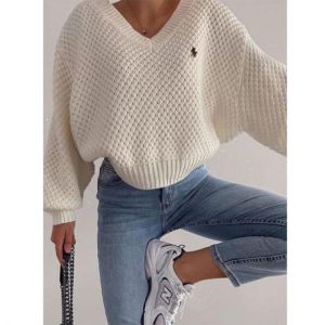 Knitted Loose Women Sweater Solid Casual V Neck Long Sleeve Pullover Sweaters 2021 Autumn Winter Embroidery Sweater Oversize Top