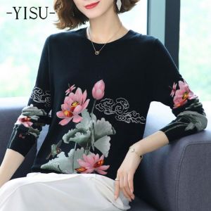 YISU 2021 New Casual Spring Autumn Women Sweater O-Neck Lotus Printing Long sleeve Tops  Female Jumper Loose Knitted pullover