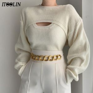 ITOOLIN Women Two Pieces Sweater Autumn Long Sleeve Turtleneck Pullover Knitted Sweater For Women Solid Shawl+Vest Basic Sweater