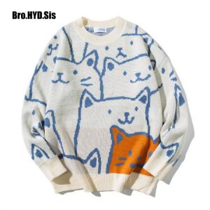 Cute Cartoon Cat Sweater for Women O-neck Knitted Men's Autumn Winter New Loose Fit Couple Pullovers Lady Knit Coat