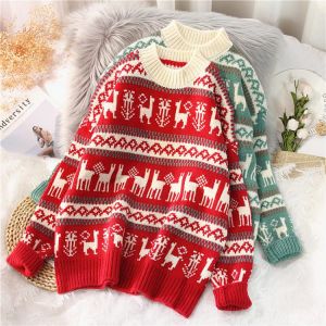 EBAIHUI Women Sweater Deer Print Christmas O-neck Pullover Festival Loose Jumper Knitted Long Sleeve Top Thick Casual Knitwear