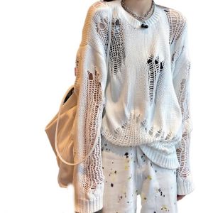 Women Sweater Ripped Gothic Punk Knitted Sweaters Jumper Loose Hollow Out Female Long Pullover Harajuku Streetwear Mujer XC704