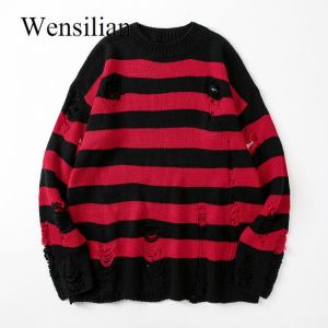 Autumn Striped Sweaters Women Destroyed Ripped Sweater Loose Pullover Hollow Out Knit Oversized Jumpers Punk Unisex Sweaters