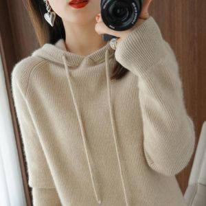 100% Pure Wool Cashmere Sweater 2021 Spring /Autumn Women's Hooded Collar Pullover Casual Knitted Top Korean Long-sleeved Jac