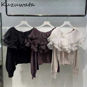 Kuzuwata 2021 Fall Winter New Jumpers Japanese Temperament Commuter Women Sweaters Ruffle Patchwork Puff Sleeve Knitted Pullover