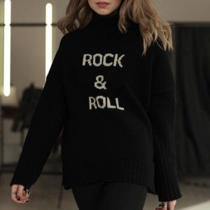 Rowling Chic Letter Jacquard Knitted Cashmere Femme Sweater Long Sleeve Turtleneck Loose Woman Pullover Classic Ladies Tops