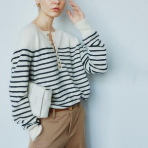 Women's round neck cashmere sweater French half open collar buttoned horizontal striped cardigan long-sleeved pullover lazy k