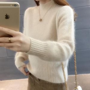 Mink Velvet Pullover Sweater Women Autumn Winter Sweater Jacket Female Half High Neck Short Plus Velvet Loose Bottoming Sweater