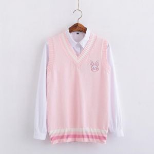 Pink Small rabbit Embroidery pattern Sweater vest high school Japanese-style knitting pullover