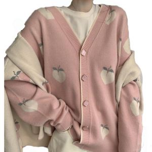 Knit Sweater Women Spring And Autumn 2021 Korean Version Of Peach Gentle Loose V-neck  Single-Breasted Jacket M65