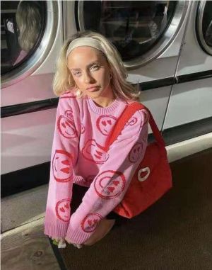 Autumn winter Pink smiley face sweater women's knitted round neck  tops female Korean loose oversized short bottoming sweater
