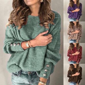 Women Turtleneck Sweaters Autumn Winter Elegant Solid High Collar Knitted Jumper Button Long Sleeve Loose Knitwear Pullovers