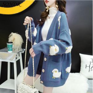 Sondr 2021 Women Winter Knit Sweater Coat V-Neck Blue Sheep Cardigans Christmas Sweaters Warm Knitted Loose Long Woman's Swea