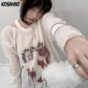 KOSAHIKI Y2k Punk Thin Sweater Women Hole Hollow Out Knitted Pullover 2021 Autumn Casual Loose Tops Harajuku Print Jumper