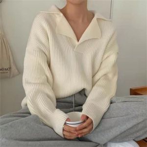 New Chic Turn-down Collar Sweater Women Solid Casual Knit Pullover Long Sleeve loose Autumn Winter 2021 Fashion Korean Jumpe ins