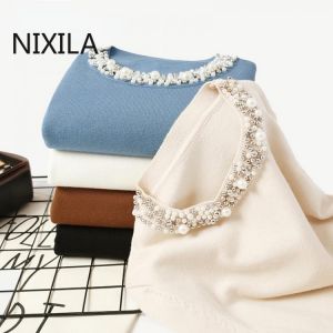 Autumn Winter pearl Beaded women long sleeve sweaters knitted white black knitwear Slim-fit top luxury designer sweater women