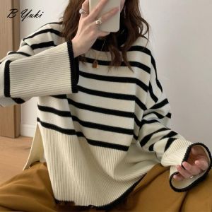Blessyuki Autumn Oversized Loose Knitted Stripe Sweater Women Classic Retro All-match Bilateral Split Pullovers Female Soft Tops