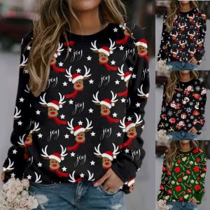 Women's Christmas Print Long-sleeved Sweatshirt Casual Blouse Pullover Christmas Knitting Pullover Sweater Top Jumper Sweatsh