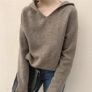 Cashmere Cotton Blend Knitted Hoodie Sweater Women 2021 Autumn Winter All-Match Casual Jumper Pull Femme Hiver Pullover Sweaters