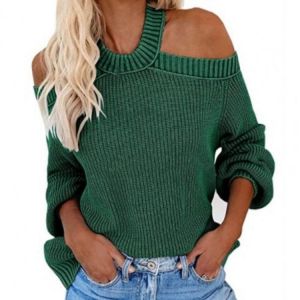 Sexy Knitted Women Jumpers Pullovers Knitwear Open Shoulder Skin-friendly Backless Cross O Neck Knitting Sweater for Daily Wear