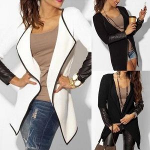 HOT SALE New Fashion Women Leather Long Sleeve Knitted Cardigan Coat Thin Coat Jacket Black White Poncho Outerwear OL Plus Size