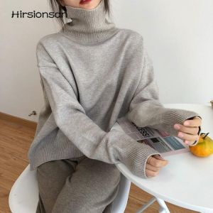 Hirsionsan Oversized Turtleneck Knitted Sweater Women 2021 Autumn Winter Casual Basic Solid Pullovers Female Fashion Simple Tops
