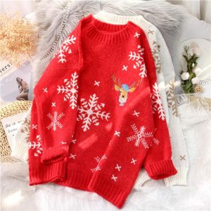 EBAIHUI Women Sweater O-neck Christmas Thick Warm Jumper Snowflake Deer Print Knitted Pullover Baggy Knitwear Female Clothing
