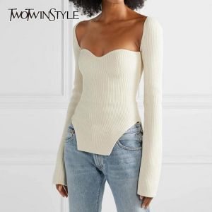 TWOTWINSTYLE White Side Split Knitted Women's Sweater Square Collar Long Sleeve Sweaters Female Autumn Fashion New Clothes 20