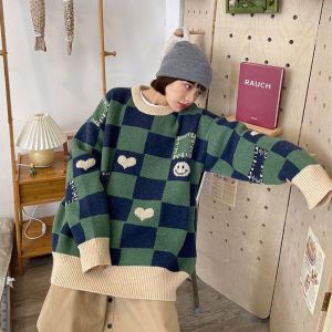 Korean checkerboard love jacquard round neck sweater female autumn and winter new loose bf knit sweater top student sweater