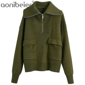 Aonibeier 2021 Za Woman Casual Traf Pull Autumn Winter Half Zipper Knit Jumper Pockets Loose Sweaters Drop Shoulder Pullovers