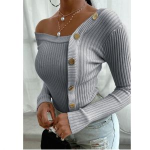 Fashion Button Off Shoulder Knitted Sweater Women Jumper Autumn Winter Strapless Pullover Long Sleeve Knitwear Female Streetwear
