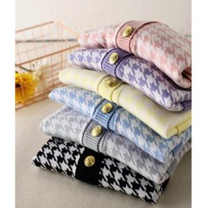 Elegant Houndstooth Knit Cardigan Women Autumn 2021 V-neck Long Sleeve Loose Large Size Top Jacket sweater oversized cardigan
