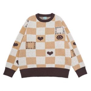 Smiley Pattern Sweater Checkerboard Checker Round Neck Sweater Women's Fashion Fall/Winter New Loose American Knitted Top