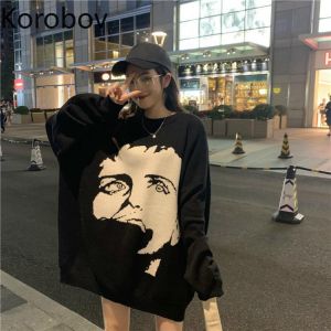 Korobov Oversize Long Sleeve O-Neck Sweaters Korean Cartoon Character Sueter Mujer Streetwear Women Harajuku Pullovers 79292